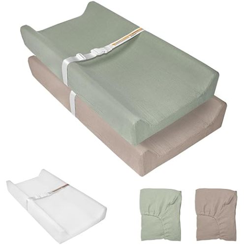 Muslin Baby Changing Pad with 2 Pack Covers | Muslin Soft Cotton & Waterproof Lining Foam Diaper Changing Table Pad 32" x 16.6" Mat for Dressers & Table