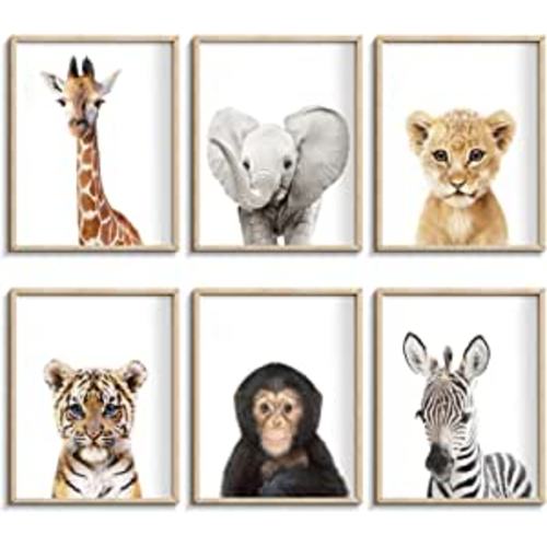Set of 6 Baby Safari Nursery Wall Decor - Picture Cute Animal Wall Prints on Canvas, under 20 dollars gifts for Baby Boys and Girls Room, UNFRAMED Wall Art(8 x 10 inch) - 8x10 inch