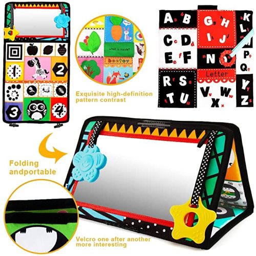 beetoy Tummy Time Baby Mirror Toys with Black and White Pattern, Double High Contrast 3D Activity Play Crinkle Toys Foldable Baby Mirror Sensory Development Toys for Newborn Infants 0 3 6 Months