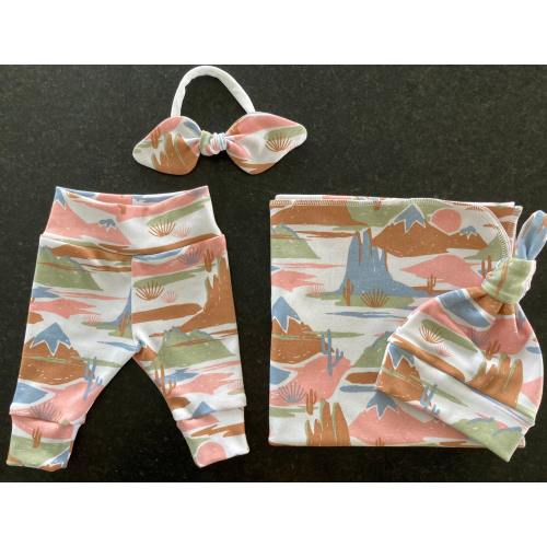 Desert Gender Neutral Swaddle Blanket & Newborn Hat OR Headband Set. Cactus and Mountains Swaddle Set. Newborn Photo Prop. Baby Shower Gift