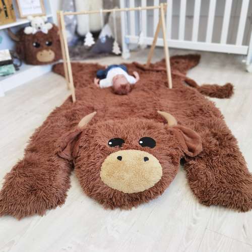 Highland Cow Nursery Rug - Plush Farm Animal Baby Decor, Ideal New Baby Gift, Customizable Rug Size