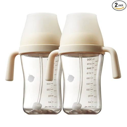 bc babycare Sippy Cup Learner for 6+ Month Old with Nipples & Handles, Spill Proof Sippy Cup, Weighted Straw Toddler Cups, Anti-Choking Baby Cups 2 Packs, Beige