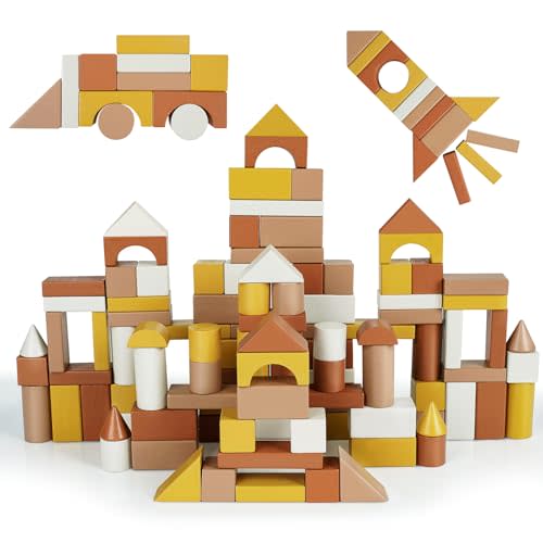 Joyreal Building Blocks for Toddlers 1-3 - 100PCS Building Blocks with Innovative Wooden Shapes & Variety Colors, Montessori Toys for 1 2 3 Year Old, Preschool Block Learning Toys for Girls and Boys