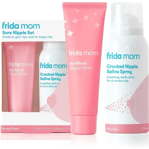 Frida Mom Nipple Cream and Saline Spray Set, Breastfeeding Essentials for New Moms, Cracked Nipple Saline Spray and No-Mess Cream, 2pc Set