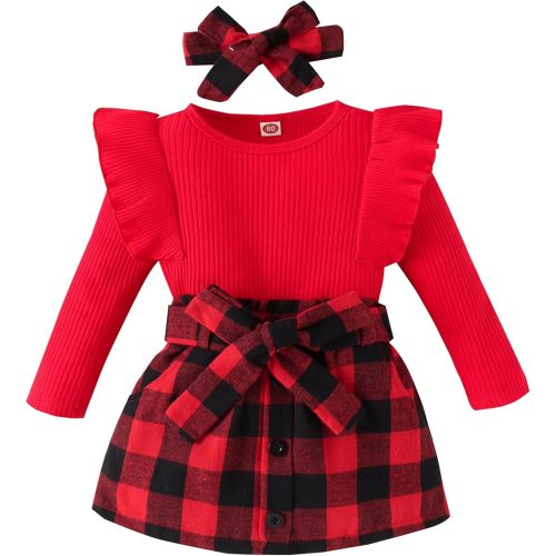 fhutpw Baby Toddler Girl Outfits Fall Winter Clothes Turtleneck Knitted Cotton Long Sleeves Tops & Button Mini Skirts Set