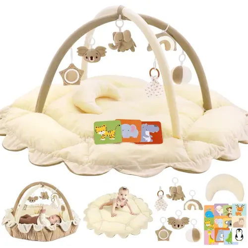 5-in-1 Plush Baby Play Gym, Baby Play Mats, Convertible Baby Gym with Pillow, Tummy time mat, 6 Sensory Toys, Baby Activity Center, Pet Bed, Cat & Dog Bed, Ball Pit, Circle Cream