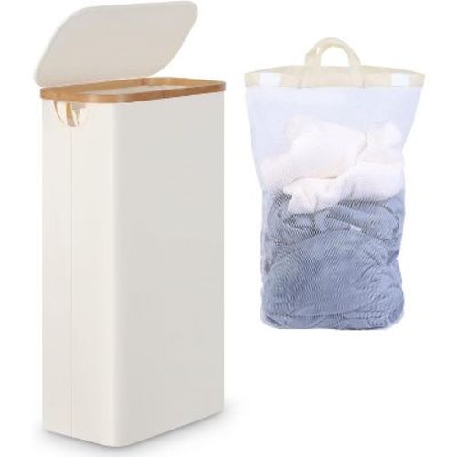 Laundry Basket with Lid, Narrow Laundry Hamper with Removable Bag, Skinny Dirty Clothes Basket with Bamboo Handles