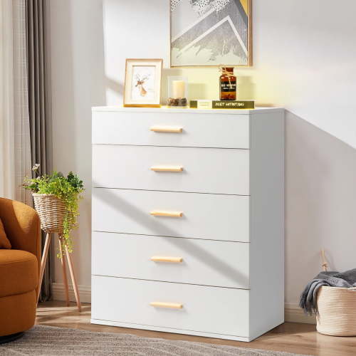 PAPROOS 5 Drawer Dresser, Bedroom Chest of Drawers with Glass Top and LED Light, Wood Dresser Organizer Cabinet, Modern Dresser Storage Cabinet, Easy Assembly, White