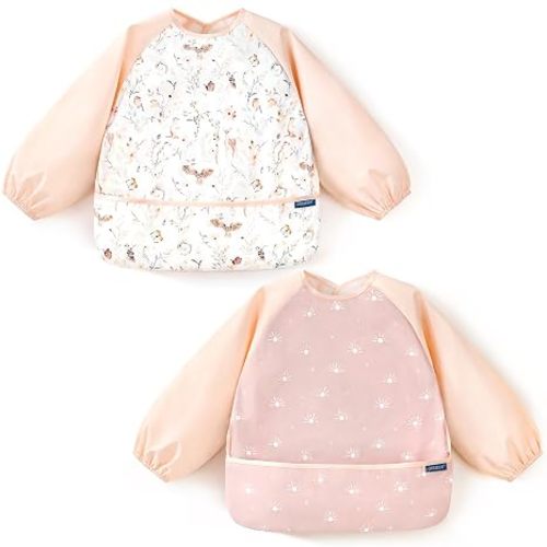 2 Pack Long Sleeve Baby Feeding Bibs, Super Soft Lightweight Waterproof Coverall Baby Led Weaning Bib with Large Food Catcher Pocket, Adjustable and Easy Clean for 6-30 Months