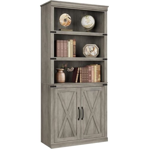 5 Tier Book Shelf, Farmhouse Book Case with Cabinet, 68.7" Tall Book Shelf with Storage Doors, Wooden 5 Shelf Book Case for Home Office, Living Room, Bed Room
