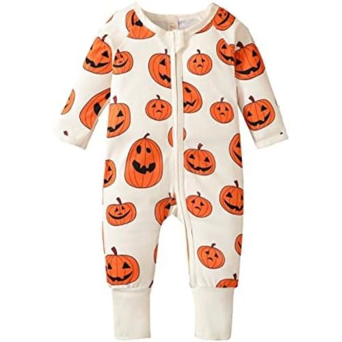 Baby Boys Girls Halloween Clothes Newborn Ghost Long Sleeve Romper Toddler Pumpkin Print Jumpsuit Halloween Outfits