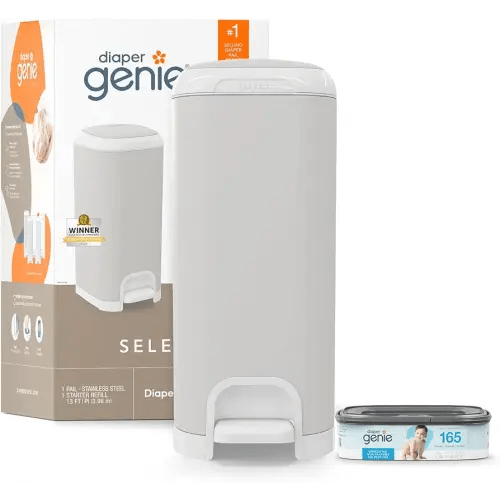 Diaper Genie Select Pail (Grey) is Made of Durable Stainless Steel and Includes 1 Starter Square Refill That can Hold up to 165 Newborn-Sized Diapers.