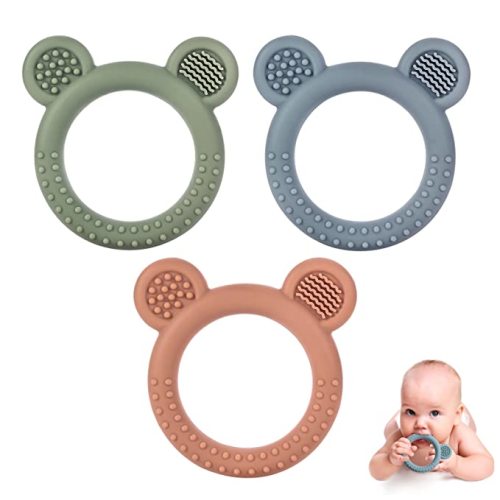 Baby Teething Toys for Babies 0-6 Months Set of 3, Baby Toys 6 to 12 Months, BPA Free Soft and Textured Bear Ring Silicone Teether Relief Soothing Sore Gums Chew Infant Toys - Blue