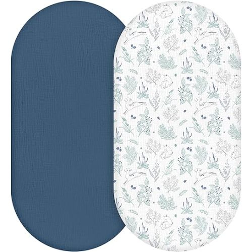 Muslin Bassinet Fitted Sheets, 2 Pack for Baby Boy and Girl, Soft Breathable Baby Pad/Mattress Sheet, Fit for Hourglass Oval and Rectangle Bassinet Mattress (Blue Deer)