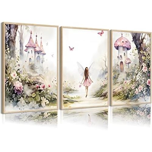 3 Pcs Fairy Garden Canvas Wall Art Flower Fairy Posters Prints mushroom castle Painting Pictures Enchanted forest Wall Decor for Living Room Bedroom Girls Room Nursery Decoration Unframed