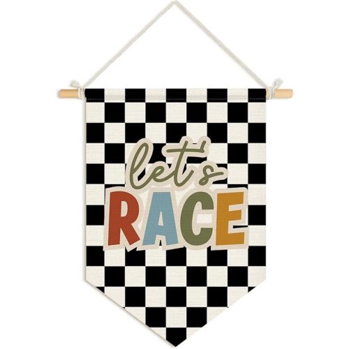Wheatwin Toddler Boys Room Decor, Race Car Playroom Wall Decor for Kids Nursery Bedroom, Let's Race Black Checkered Wall Hanging Pennant Flag Banner, 15x11 Inch
