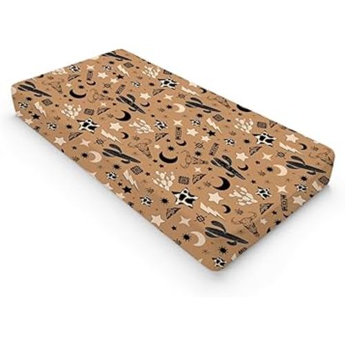 Vintage Western Cowboy Baby Changing Pad Covers Retro Cow Skull Cactus Sun Moon Stars Diaper Change Table Sheets for Girl Boy Wild Plants Soft Breathable Stretch Diaper Changing Pad Mats 32''x16''