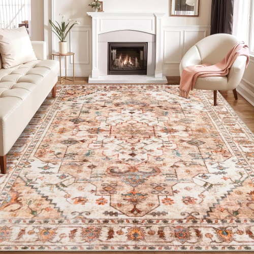 WXHOME Washable Rugs 9'x12' Area Rugs, Large Non-Slip Boho Living Room Orange Rug, Ultra Soft Vintage Print Distressed Oriental Tribal Farmhouse Carpet for Dining Room Bedroom Dorm Office Home Decor