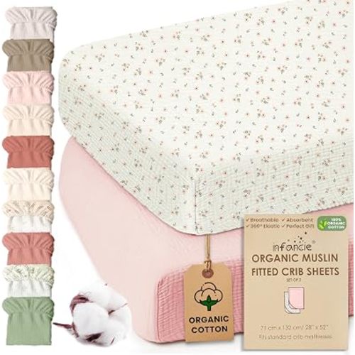 100% Organic Cotton Crib Sheets Set of 2 71 X 132 CM Crib Sheets for Boys and Girl Soft Breathable Durable Fitted Crib Sheet Bedding for Newborns and Infants (Baby Pink/Floral White)