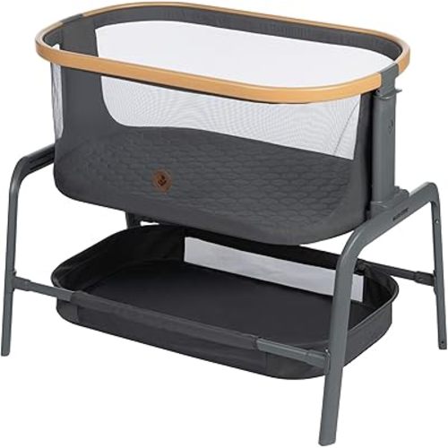 Maxi-Cosi Iora Bedside Bassinet, Infant Bedside Sleeper Crib, 4 Height Positions, Portable & Folds Flat, Large Storage Basket, Includes Travel Bag, Classic Graphite