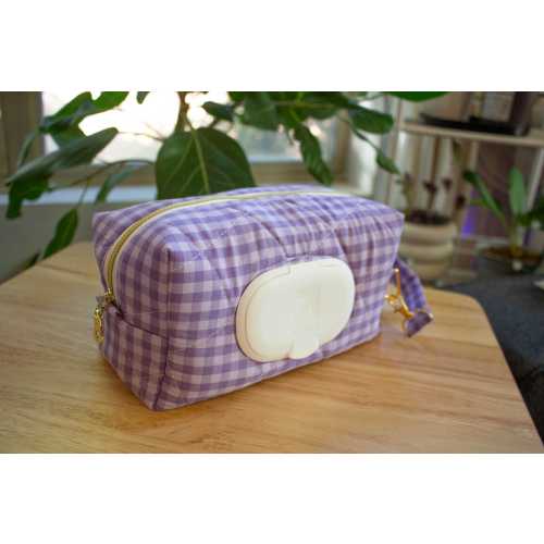 Mini Baby Diaper and Wipe Quilted Bag - Single Zipper - Handmade - Purple Gingham