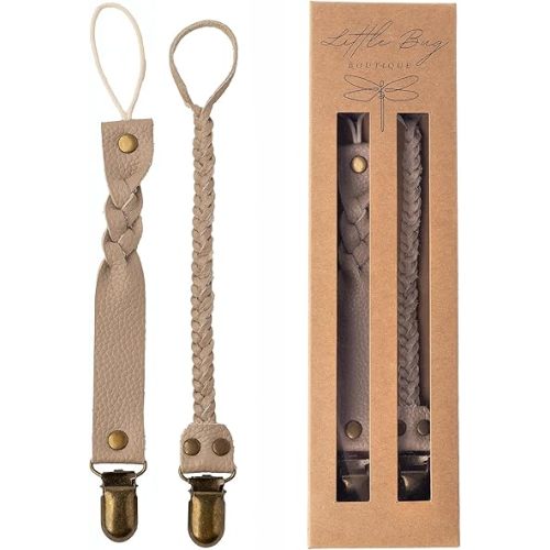 Little Bug Boutique 2-Pack Leather Baby Pacifier Clips - Neutral Pacifier Holders for Baby Girls & Boys, Paci & Binky Clips or Strap for Toys & Teethers (Soft Beige), Pacifier NOT Included