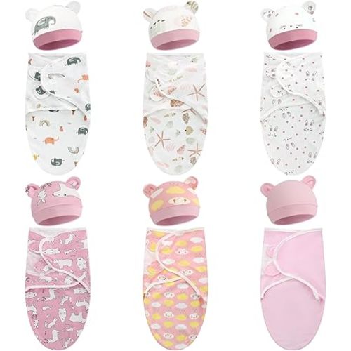 6 Pack Preemie Swaddle Blanket Wrap with Hat Set Cotton Baby Swaddle Wrap Hat Set for Preemie Newborn Boys Girls (Pink Series,for 3-7 Lbs)