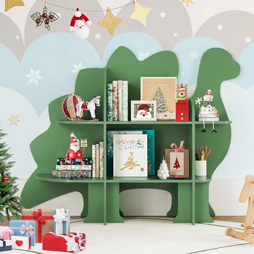 Curipeer Dinosaur Kids Bookshelf, 2-Tier Bookshelf for Kids, Baby Bookshelf and Toy Storage, Wooden Kids Bookcase, Toddler Book Shelf Organizer for Kids Rooms, Nursery, Bedroom, Playroom, Green