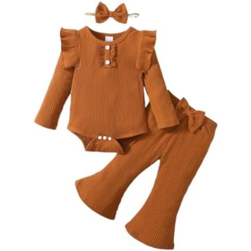 Infant Baby Girls Outfit Cute Ruffle Sleeve Ribbed Knit Romper Bodysuit and Flare Pants Clothes Set 3 Piece
