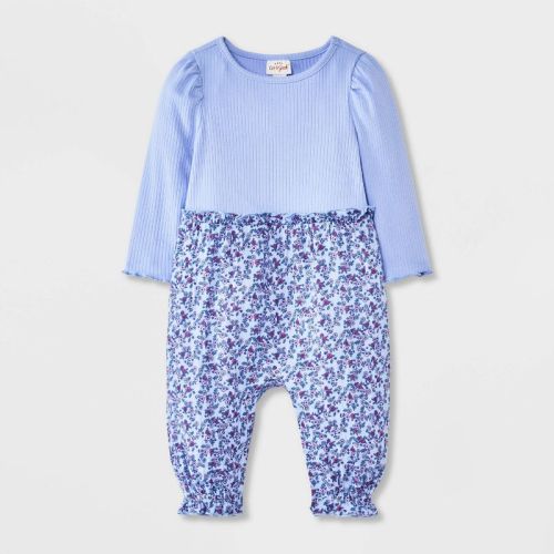 Baby Girls' Floral Ribbed Long Sleeve Romper - Cat & Jack™ Blue 3-6M