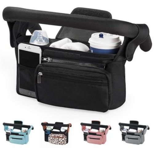 Universal Stroller Organizer with Insulated Cup Holder Detachable Phone Bag, Baby Travel Essential, Stroller Caddy with Shoulder Strap, Stroller Accessories Fits for Pet Stroller