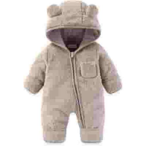 Newborn Baby Bear Romper - Fleece Snowsuit with Fold-Over Mittens and Footies, Hooded