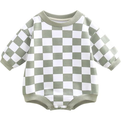 6-12M - Bafeicao Baby Boy Girl Checkerboard Sweatshirt Romper Organic Cotton Checkered Bubble Romper Oversized Long Sleeve