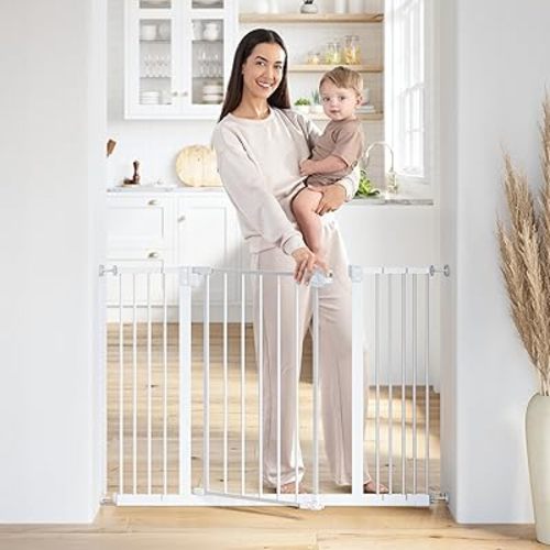 Comfy Cubs Baby Safety Gate with 3 Extensions - Adjustable 42" x 1.9" x 30" Q195 Steel Doorway Barrier - Powder-Coated Finish for Stairs and Doorways - Walk-Through Design Pet Gate - White