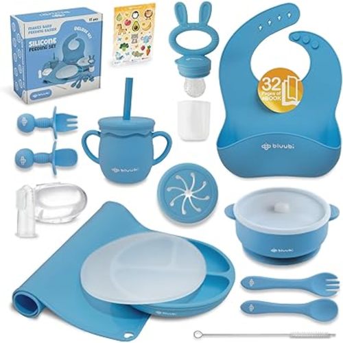Silicone Baby Feeding Set - Infant Tableware for First Foods & Baby, Led Weaning (0+ Months), Easy to Clean, Durable, Perfect for Baby Boy or Girl, Solid Feeding - Blue - Deluxe