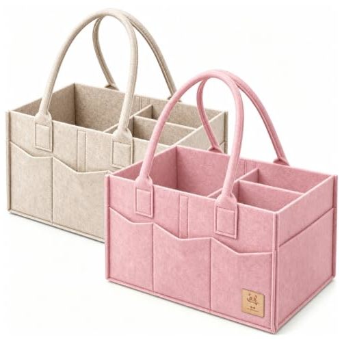 HIPHOP PANDA 2-Pack Diaper Caddy Organizer - Nursery Storage Bin & Car Organizer for Diapers, Wipes, and Baby Essentials - Dual-Color Solid Set (Pink/Oatmeal), Regular Size