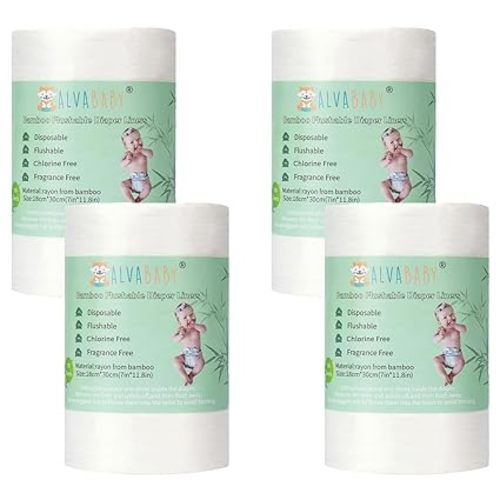 ALVABABY Diaper Liners 4 Rolls for Baby Cloth Diaper 11.8 x 7.1 Inch Disposable Natural Soft Compostable Fragrance Free and Chlorine Free 400 Sheets - 04green - 100 Count (Pack of 4)