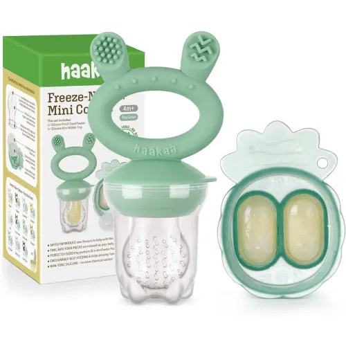 Haakaa Baby Fruit Food Feeder & Mini Freezer Nibble Tray Combo, Breastmilk Popsicle Molds for Cooling Relief, BPA Free Silicone Feeder for Safe Infant Self Feeding, 4 Month+ (Pea Green)