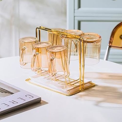 Metal Cup Drying Rack with 6 Hooks, Bottle Drying Rack with Drain Tray,Coffee Mug Holder,Mug Organizer Golden