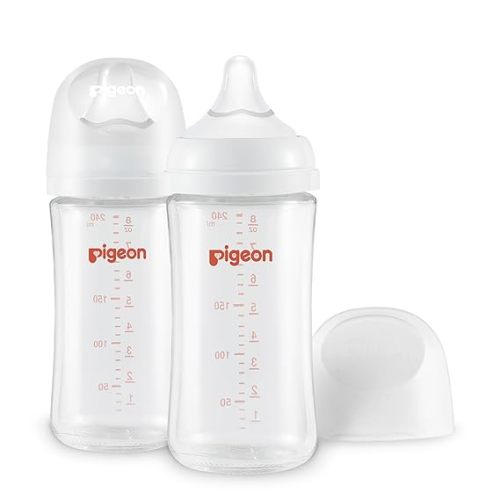 Pigeon Glass Nursing Bottle Wide Neck, Anti-Colic, Streamlined Body, Natural Feel, Easy to Clean, Heat-Resistant, 5.4 Oz (Pack of 2), Includes 2pcs SS Nipples (0m+)