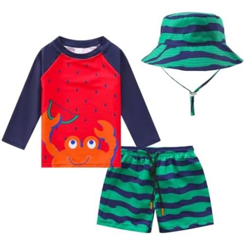 Toddlers and Baby Boys' 3-Piece Swimsuit Trunk and Rashguard Sun Hat Set