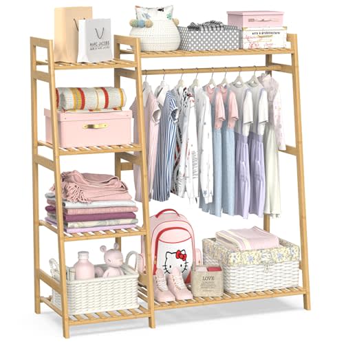 BAMBOOHOMIE Kids Clothing Rack with Shelves, Bamboo Clothes Garment Rack for Kids Child Baby, Kids Dress Up Storage Rack with Top Shelf, Toddlers Wardrobe Closet for Nursery (Medium Size)