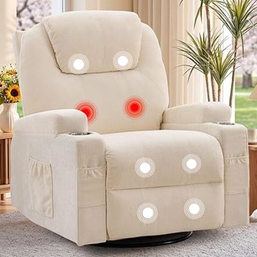 Korser Recliner Chair, 360° Manual Swivel Rocker Chair with Overstuffed Headrest, Rocking Chair with Massage and Heating, Lounge Chair with Cup Holders for Living Room, Bedroom, Nursery, RV, Chenille