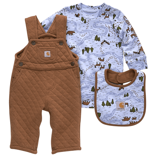 Carhartt Forest and River Printed Long-Sleeve Bodysuit, Overalls, and Food Bib 3-Piece Set for Babies - 12 Month