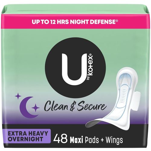 U by Kotex Clean & Secure Overnight Maxi Pads with Wings, Extra Heavy Absorbency, 48 Count (2 Packs of 24) (Packaging May Vary)