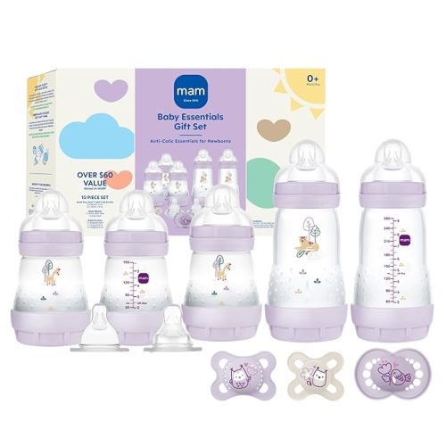 MAM Newborn Essentials Must Have for 0-3 Months, Matte Feeding Set, Easy Start Anti-Colic Bottles 5oz, Self-Sterilizing, Baby Gift, Pacifiers, Skinsoft Silicone Nipples, 10 Pieces for Girl