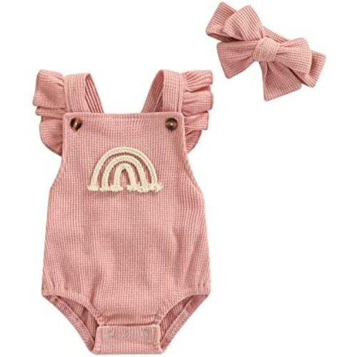 Engofs Boho Rainbow Baby Girl Clothes Newborn Infant Ruffled Sleeveless Romper with Headband Outfit