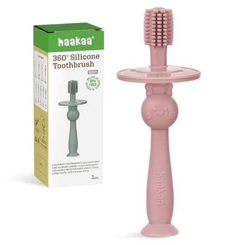 haakaa 360° Baby Toothbrush with Suction Base - Gentle Cleaning for Infant Self-Brushing Training, Food-Grade Silicone, Adjustable Safety Shield - Blush (1 Piece)