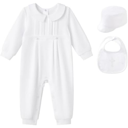pureborn Unisex Baby Jumpsuit Infant Boys Girls Cotton Spring Fall Romper One-Piece Coverall Baptism Outfit White 0-24 Months