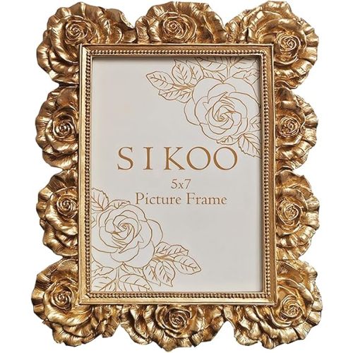 SIKOO 5 x 7 Vintage Picture Frames Ornate Gold Rose Picture Frame Floral Frames Tabletop and Wall Mount Retro Home Decor Gallery Wall Art